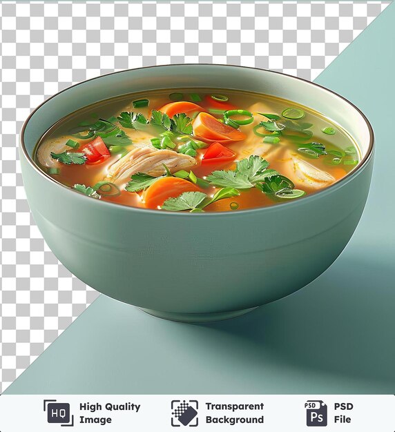 PSD fond transparent avec un bol isolé de soupe de poulet sur une table bleue accompagné d'un poivre rouge et d'une ombre bleue