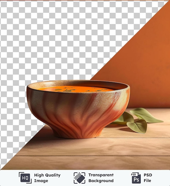 Fond Transparent Avec Un Bol De Soupe Isolé Et Une Feuille Verte Sur Une Table En Bois Contre Un Mur Orange