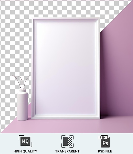 PSD fond transparent avec un cadre d'image isolé et un vase blanc sur un mur rose