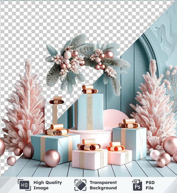 PSD fond transparent avec carte ronde isolée avec cadeaux et décorations de noël maquette