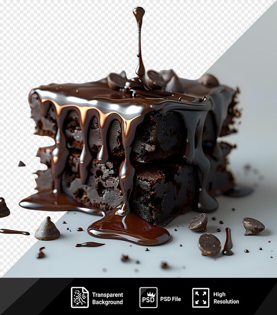 PSD fond transparent avec du chocolat isolé coulant sur un brownie accompagné d'un gâteau au chocolat et d'une cuillère au chocolat