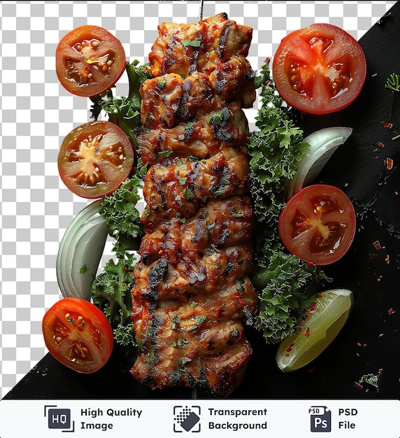 Fond Transparent Avec Du Kebab Iskender Isolé Avec Des Tomates Et De La Laitue Sur Une Table Noire