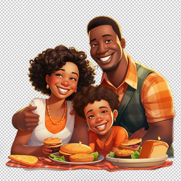 PSD le fond transparent du pique-nique de famille noire en 3d de style dessin animé