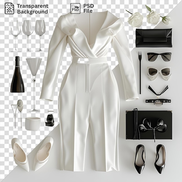 PSD fond transparent avec un ensemble de vêtements de soirée de designer isolé avec une robe blanche lunettes noires lunettes de soleil noires et une fleur blanche sur un fond transparent