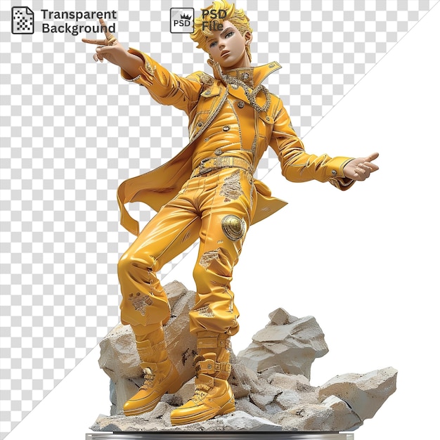 PSD fond transparent giorno giovanna de jojos statue d'aventure bizarre portant une ceinture dorée et des bottes jaunes avec des cheveux blonds et une main visible au premier plan