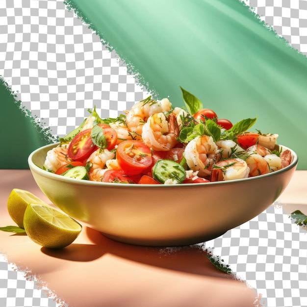 PSD fond transparent isolé avec salade de crevettes au citron vert tomate cerise