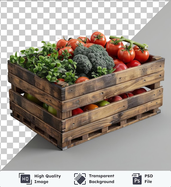 PSD fond transparent avec une maquette isolée d'une boîte en bois pleine de légumes frais, y compris des tomates rouges, du brocoli vert et une ombre sombre