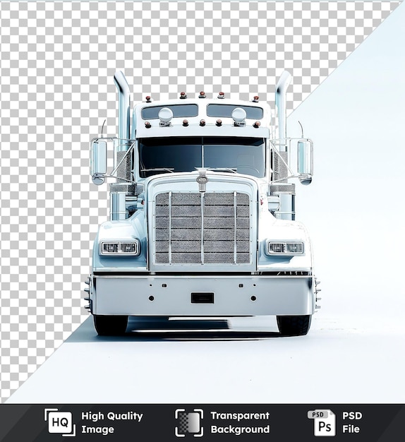 PSD fond transparent avec une maquette isolée de la tête d'un camion américain blanc avec une grille argentée contre un ciel bleu clair avec une ombre noire au premier plan