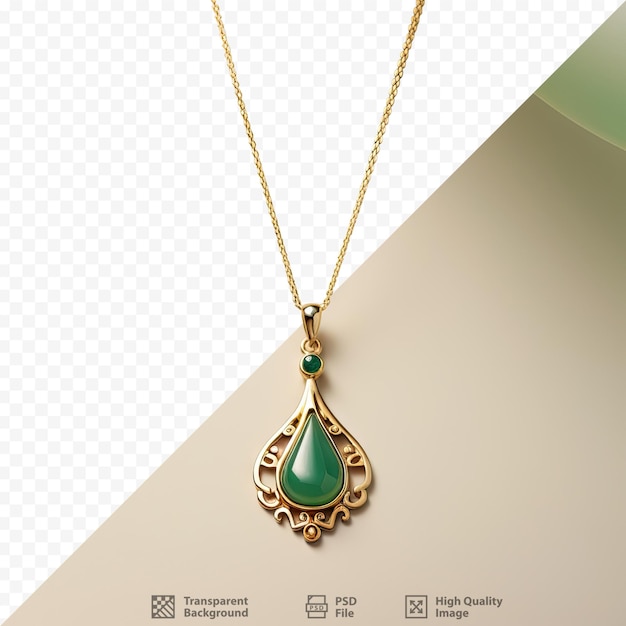 PSD un fond transparent met en valeur un collier doré avec un pendentif néphrite vert