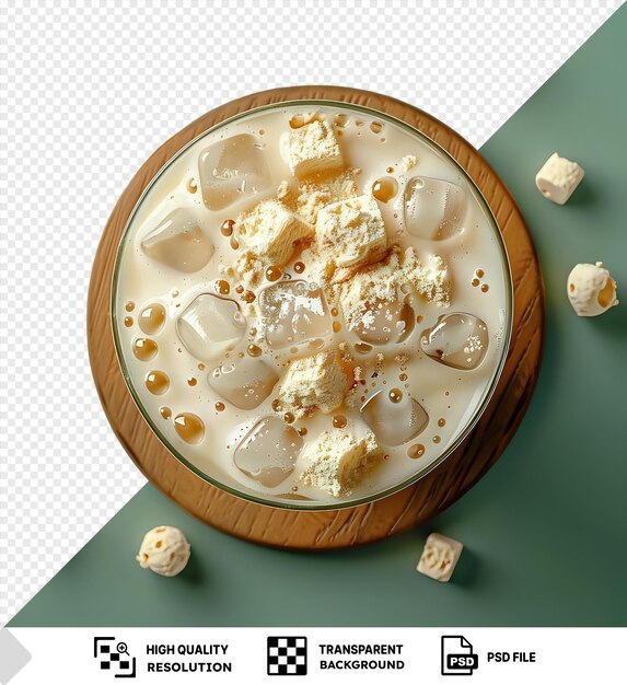 PSD fond transparent avec un milk-shake de vanille glacé isolé, de la poudre de vanille et du lait mélangés avec des cubes de glace dans une tasse en plastique sur un sous-marteau en bois