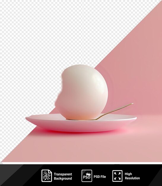 PSD fond transparent avec un œuf de rasgulla isolé sur une plaque blanche placée sur une table rose avec une ombre rouge et rose au premier plan