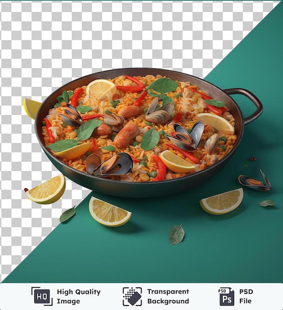 PSD fond transparent avec une paella de fruits de mer isolée sur une table bleue accompagnée de citrons tranchés et d'une feuille verte avec une poignée noire visible au premier plan