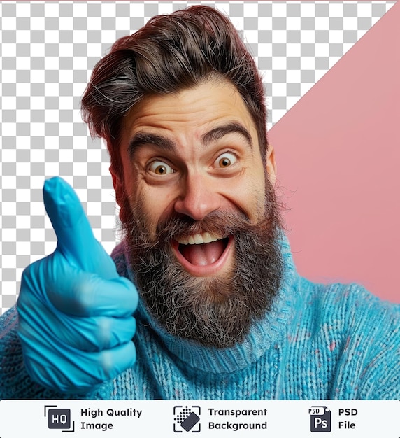 PSD fond transparent avec photo isolée d'un gars barbu excité avec un grand gant bleu pointant loin