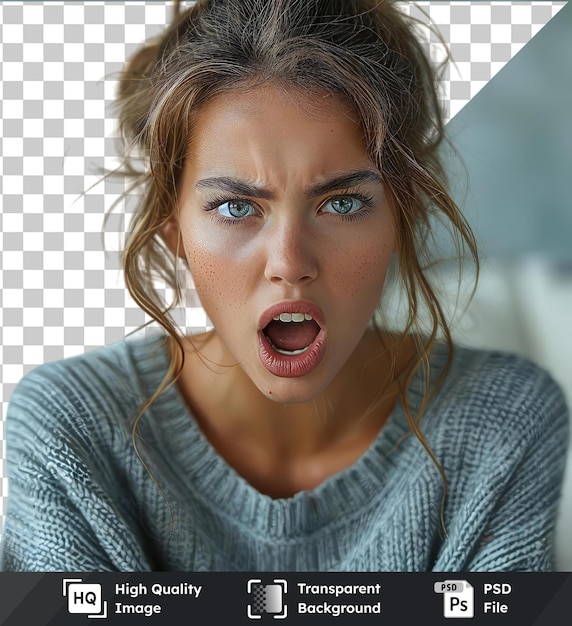 PSD fond transparent avec portrait isolé d'une jeune femme décontractée en colère aux cheveux bruns, aux yeux bleus et à la bouche ouverte portant un pull gris