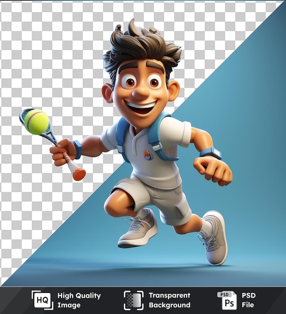 PSD fond transparent psd 3d joueur de tennis dessin animé acing un puissant service