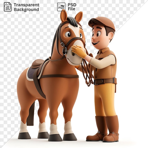 PSD fond transparent psd dessin animé d'entraîneur de chevaux de course en 3d soignant un cheval de race précieux