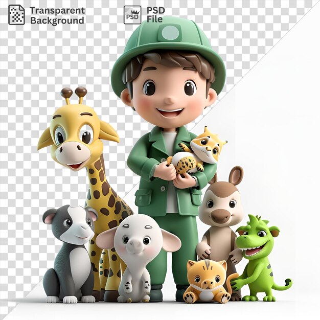 PSD fond transparent psd dessin animé de gardien de zoo en 3d s'occupant de bébés animaux adorables, y compris une girafe jaune une girafe portant un chapeau vert et une girafe aux yeux noirs