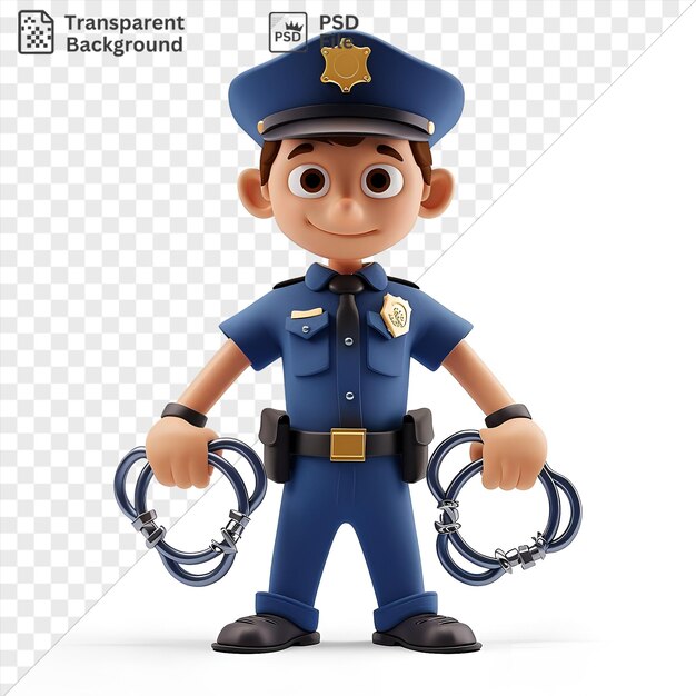 PSD fond transparent psd dessin animé d'officier de police 3d attrapant des criminels avec un jouet portant un chapeau noir et bleu ceinture noire et pantalon bleu tout en tenant un jouet