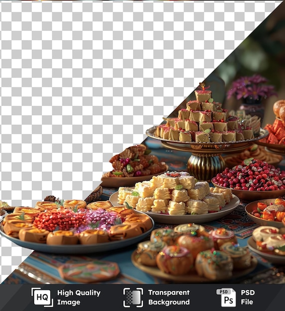 Fond Transparent Psd Eid Al Fitr Bonbons Traditionnels Exposés Sur Une Table Bleue Ornée D'une Fleur Rose Et De Bougies Allumées Accompagnées D'un Vase Bleu