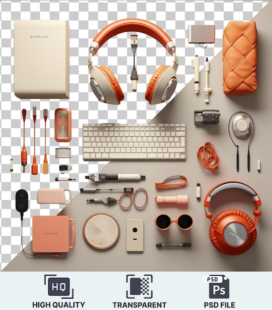 PSD fond transparent psd équipement de podcasting professionnel réglé un clavier blanc écouteurs orange et un mur orange et blanc