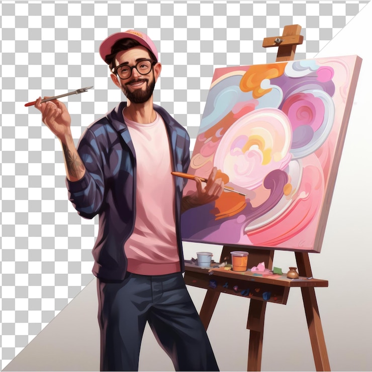 PSD fond transparent psd d peintre dessin animé créant un chef-d'œuvre sur une toile