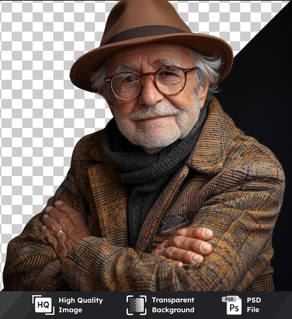 PSD fond transparent psd portrait en pleine longueur d'un homme âgé avec des lunettes et un chapeau posant avec les bras croisés