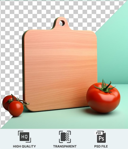 PSD fond transparent psd une tomate rouge et une tige verte sur une table bleue contre un mur vert et bleu