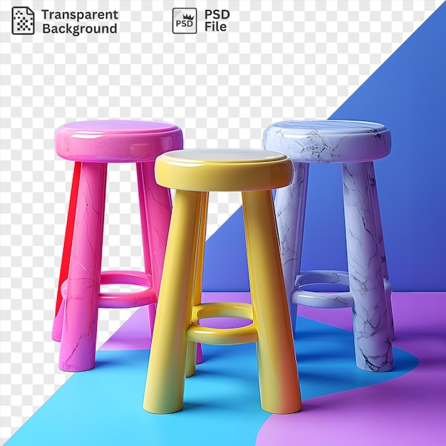 Fond Transparent Avec Des Tabourets De Cuisine Isolés Et Des Tables De Bar, Y Compris Un Tabouret Noir, Un Tabourette En Bois Et Un Tabourett Rouge Contre Un Mur Bleu Et Un Sol Blanc Et Bleu