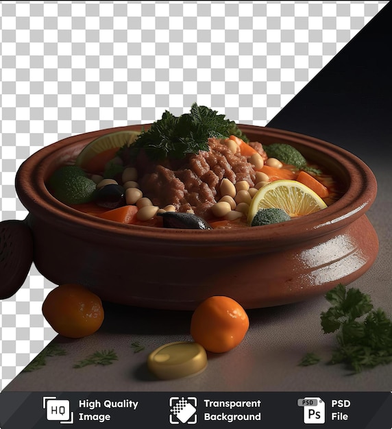 PSD fond transparent avec un tagine d'agneau salé isolé et des citrons sur une table accompagné d'un bol brun et d'un vase blanc