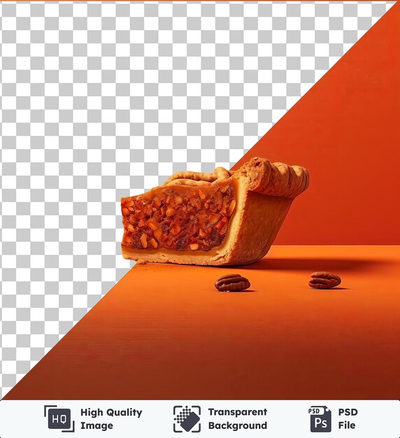 Fond Transparent Avec Une Tranche Délicieuse Isolée De Tarte Aux Noix De Pécan Sur Une Table Accompagnée D'un Petit Biscuit Et D'un Mur Orange Avec Une Ombre Sombre Au Premier Plan