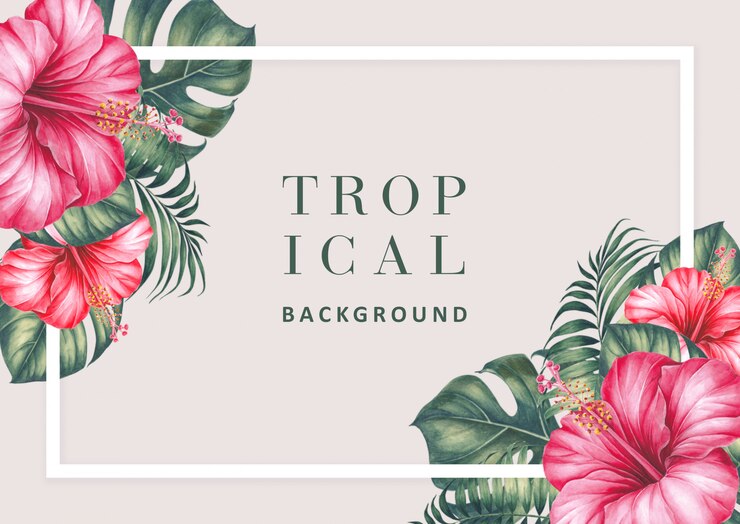 PSD fond tropical avec des hibiscus et des palmiers.
