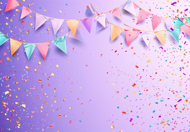 fond violet avec des drapeaux colorés et des confettis adaptés à des événements festifs ou à un thème de célébration