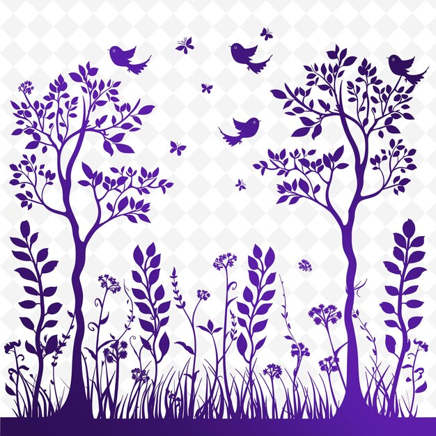 PSD un fond violet avec des oiseaux et des fleurs et des papillons