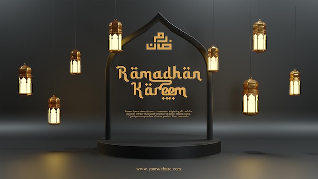 Fond de voeux islamique ramadan kareem avec étoile de lanterne de croissant de lune et motif et calligraphie arabes