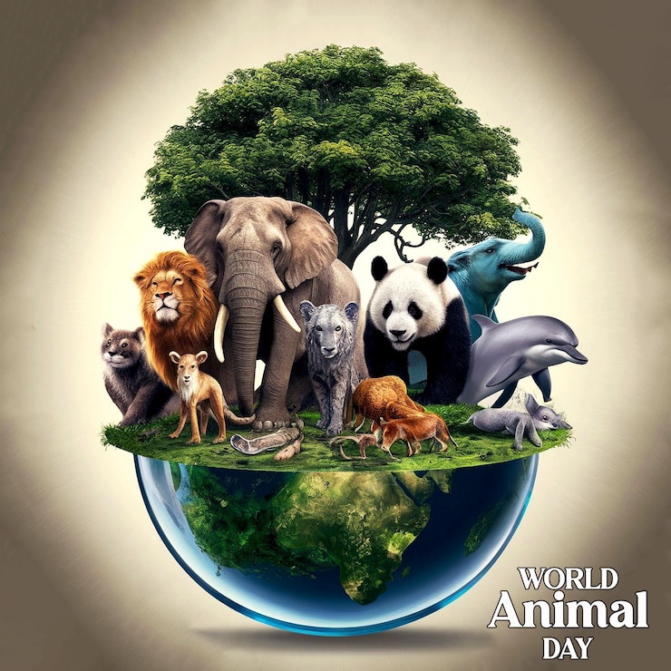 PSD fondation de la journée mondiale des animaux un groupe d'animaux et de sommets d'arbres sur le globe