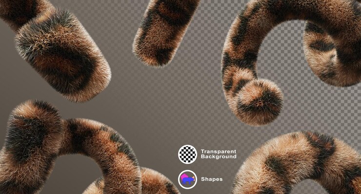 PSD fondo 3d abstracto con formas geométricas esponjosas voladoras de textura de piel de leopardo con manchas renderizar líneas en espiral con impresión de piel de animal salvaje patrón de tubo curvo africano exótico