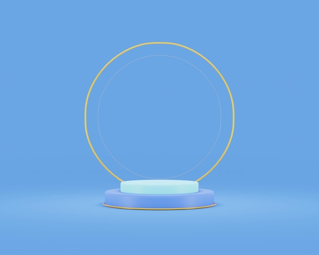 Fondo 3d azul con podio y anillo oro fondo de exhibición de producto mínimo representación 3d
