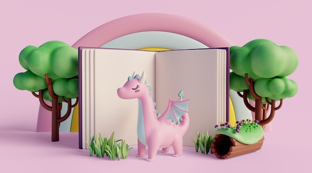 Fondo 3d con cuento de hadas leyendo libro infantil.