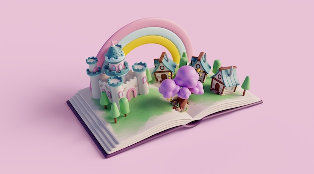 PSD fondo 3d con cuento de hadas leyendo libro infantil.