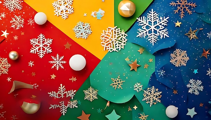 PSD fondo abstracto colorido y festivo con formas geométricas estrellas y copos de nieve para ch