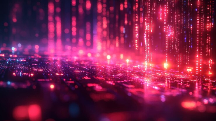 PSD fondo abstracto con líneas brillantes de código digital rosa y rojo y luces bokeh