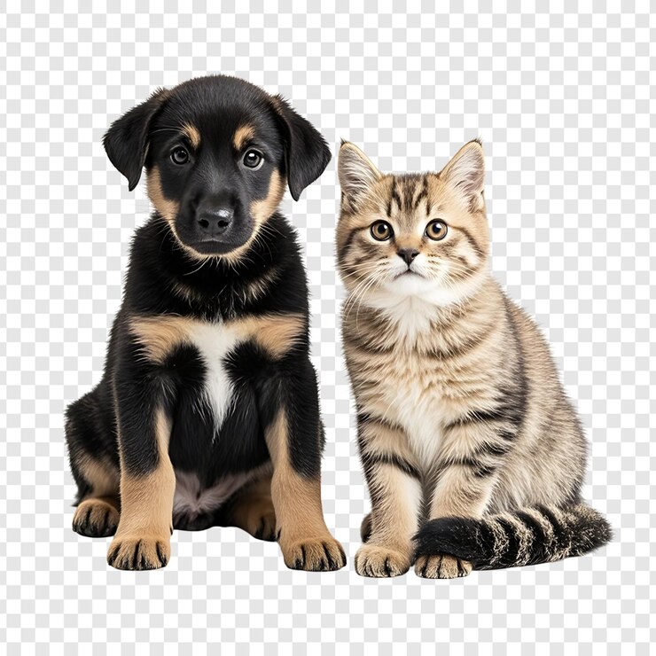 PSD el fondo aislado blanco del cachorro y el gatito