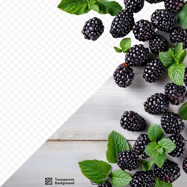 PSD fondo aislado para una pancarta con bayas de mora sobre un fondo aislado de madera clara foto de primer plano de moras con espacio para copiar y hojas de menta vista plana superior