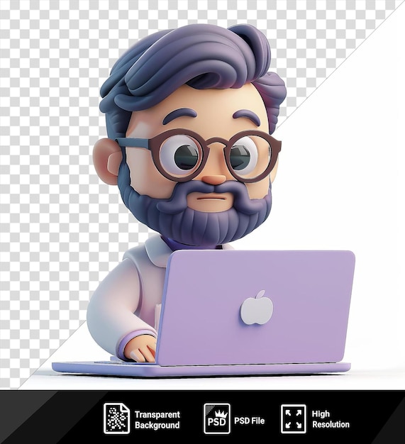 PSD fondo aislado programador 3d codificación de dibujos animados en una computadora con una computadora portátil púrpura cabello negro cara marrón nariz grande y orejas grandes png