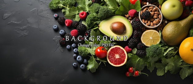 PSD fondo de alimentos saludables frutas y verduras sobre fondo negro