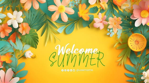 PSD un fondo amarillo con flores y bienvenido al verano