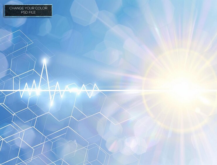 PSD fondo azul abstracto con ondas sonoras y hexágonos que representan la tecnología médica