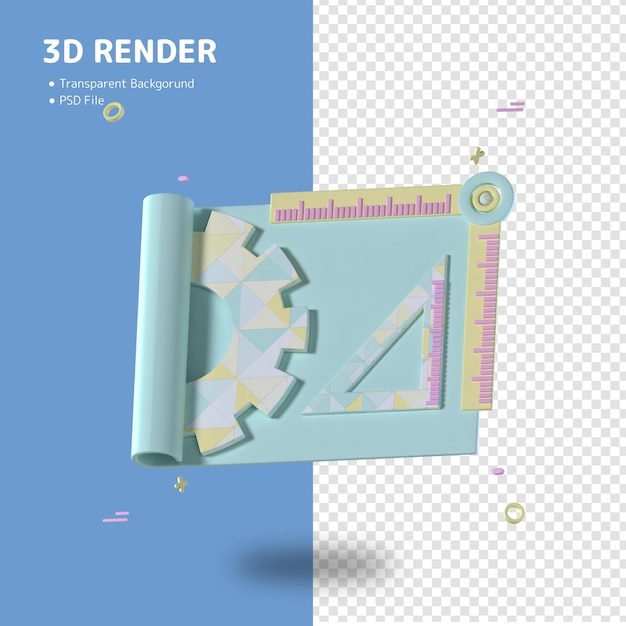 Un fondo azul y blanco con un renderizador 3d y una regla.