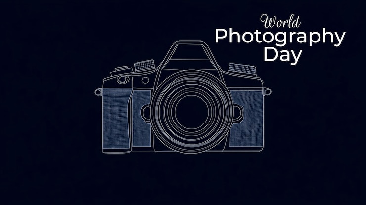 PSD un fondo azul con una foto de una cámara y las palabras "fotografía" en blanco
