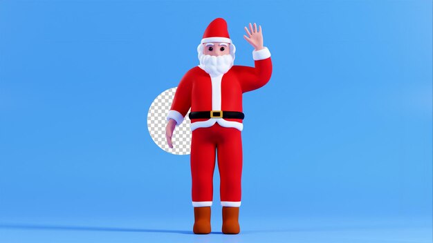 Fondo azul Ilustración de dibujos animados en 3D santa claus anciano gesto de saludo usar la mano izquierda